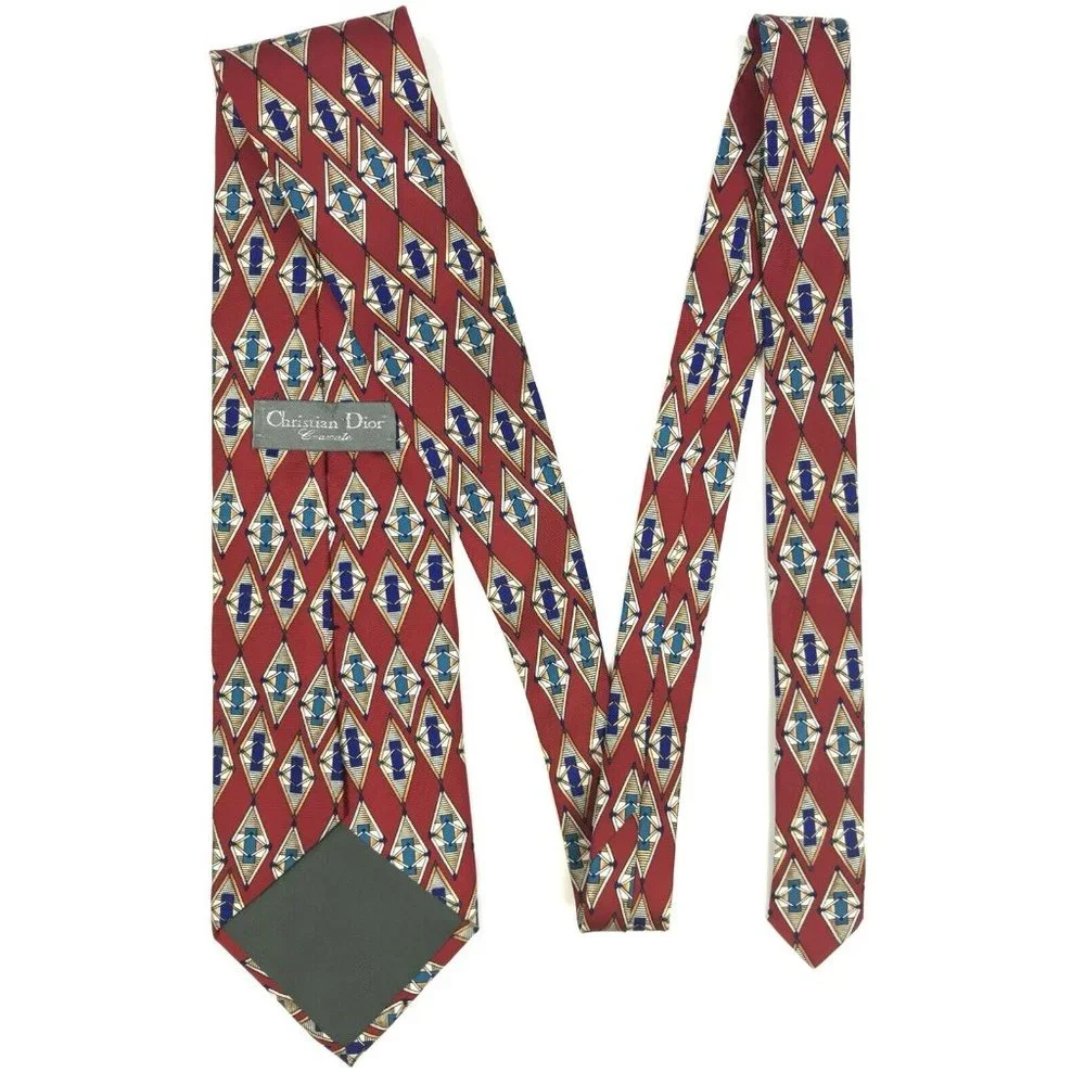 Christian Dior Men's Traditional Red Blue White Argyle‎ Geometric Silk Neck Tie